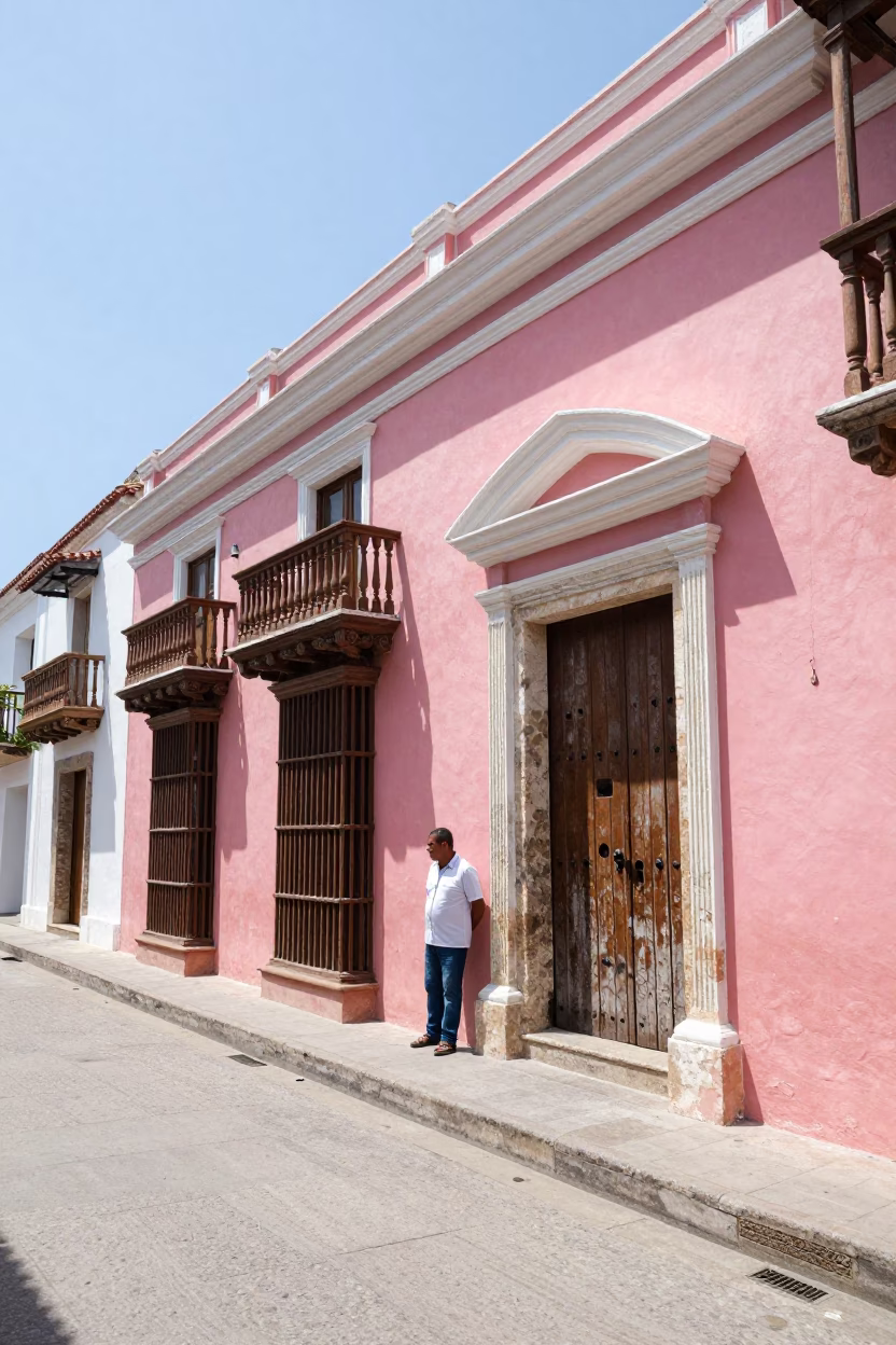 Midday street scene in Cartagena Colombia showing colonial architecture and local life in in Cartagena, Colombia