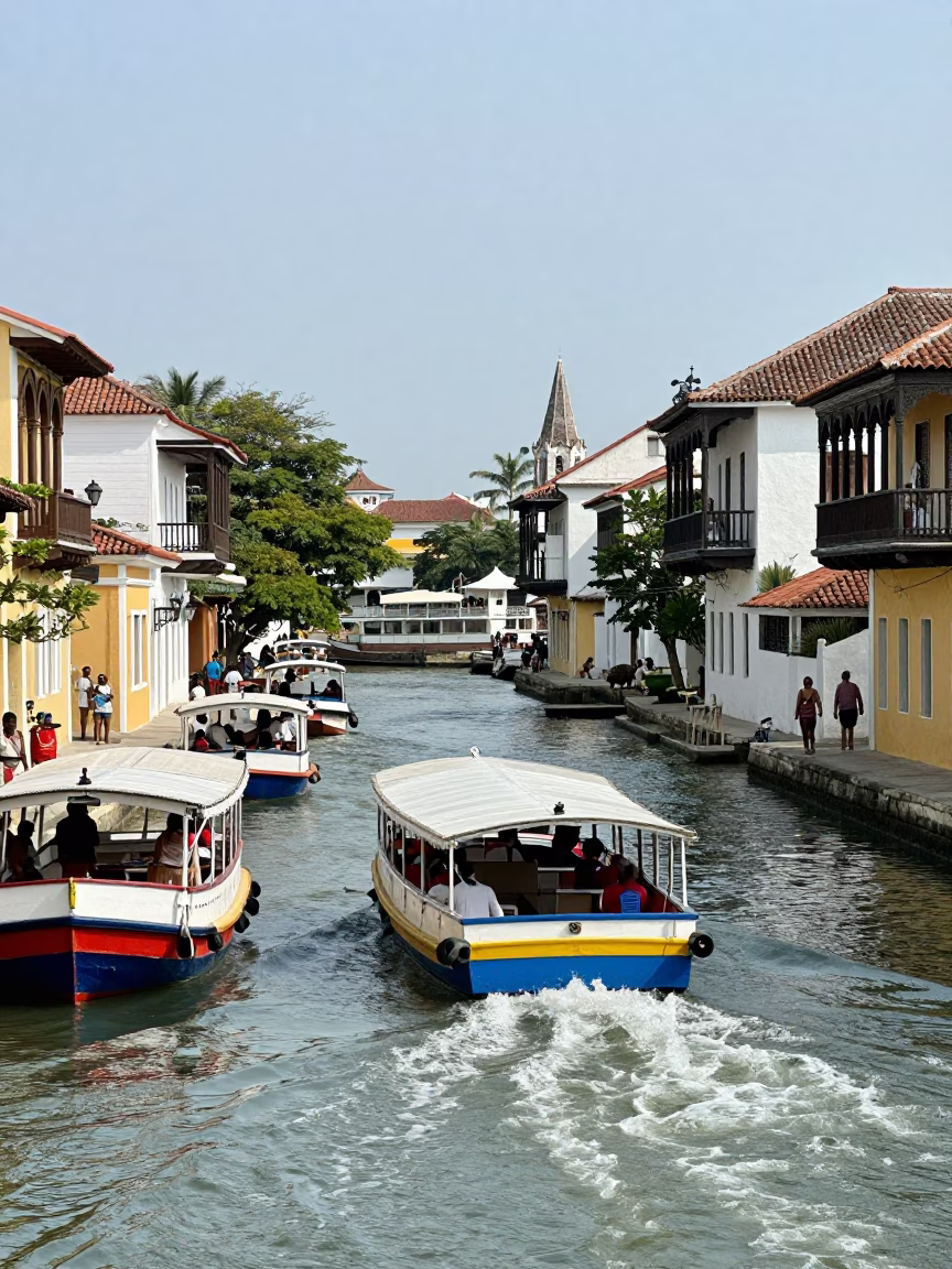 Midday Street Scene in Cartagena Colombia with Water Taxi and Colonial Architecture in in Cartagena, Colombia