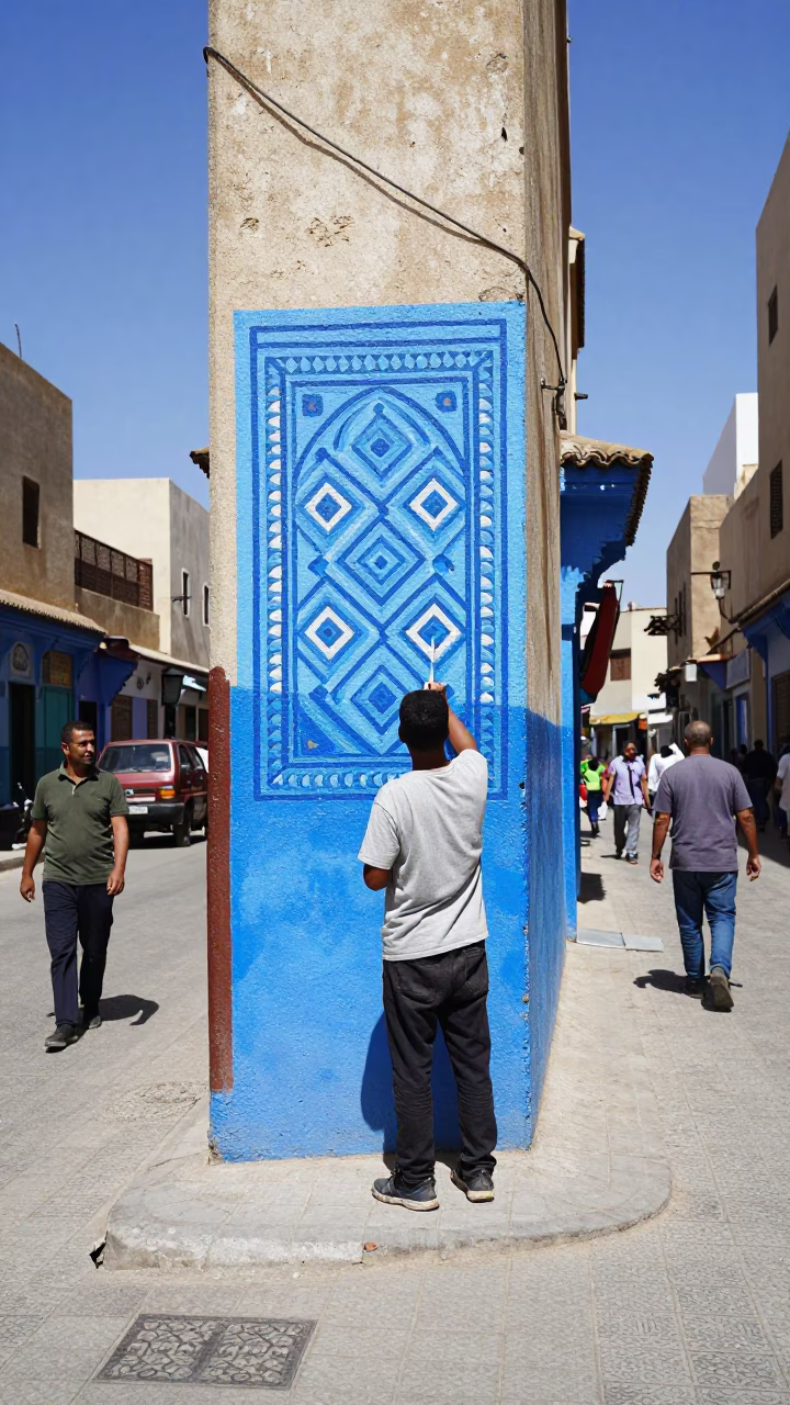 Midday Street Scene in Casablanca Morocco with Artist Painting Mural in in Casablanca, Morocco
