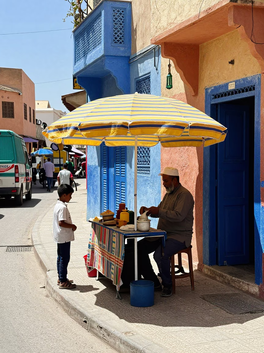 Midday Street Scene in Casablanca Morocco with Local Vendor and Colorful Umbrella in in Casablanca, Morocco
