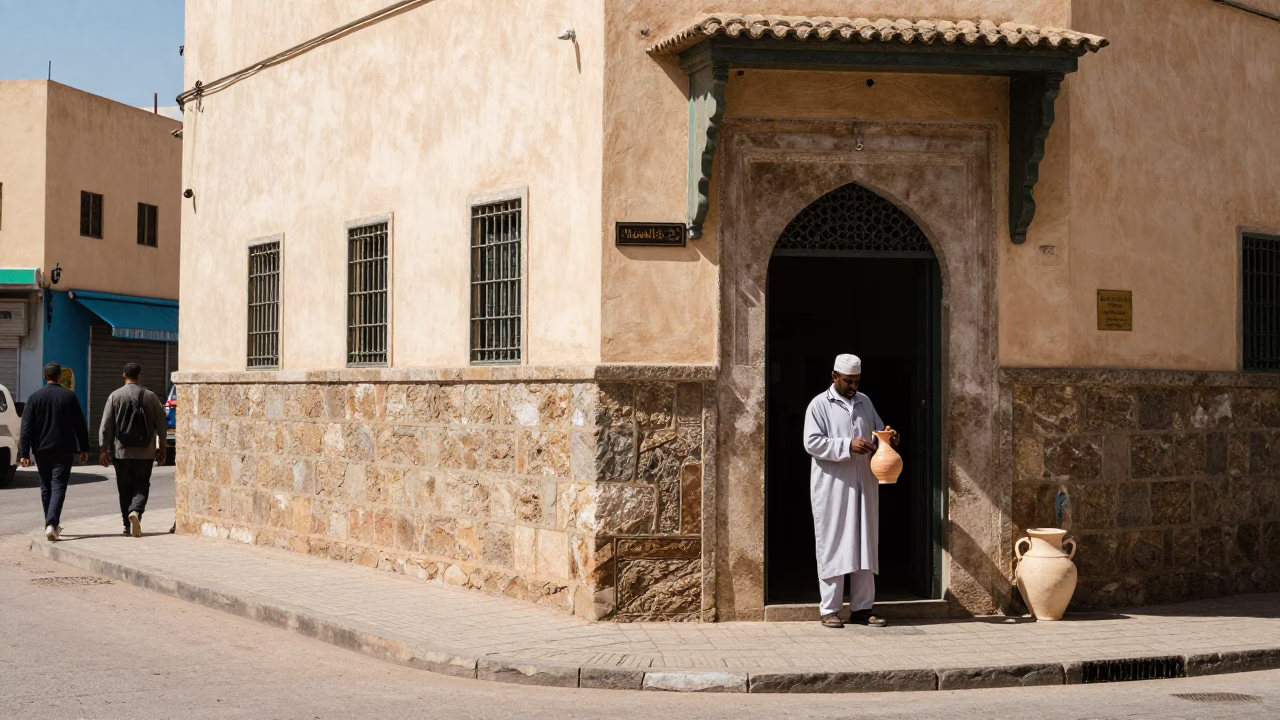 Midday Street Scene in Casablanca Morocco with Traditional Pitcher and Local Interaction in in Casablanca, Morocco