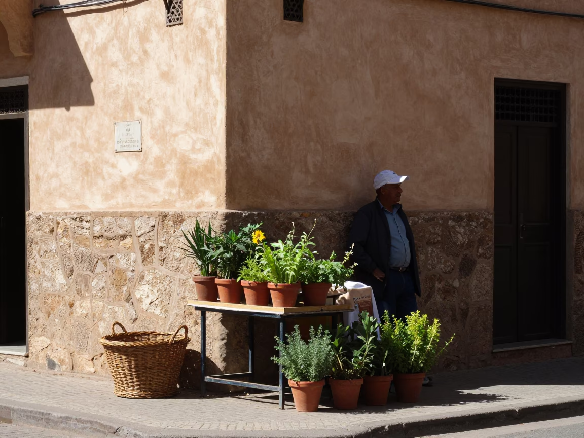 Midday Street Scene in Casablanca Morocco with Wicker Basket and Potted Herbs in in Casablanca, Morocco