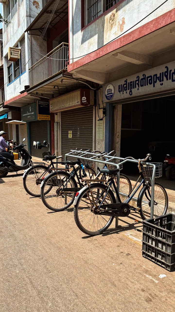 Midday Street Scene in Chennai India with Bicycle Rack and Crate in in Chennai, India