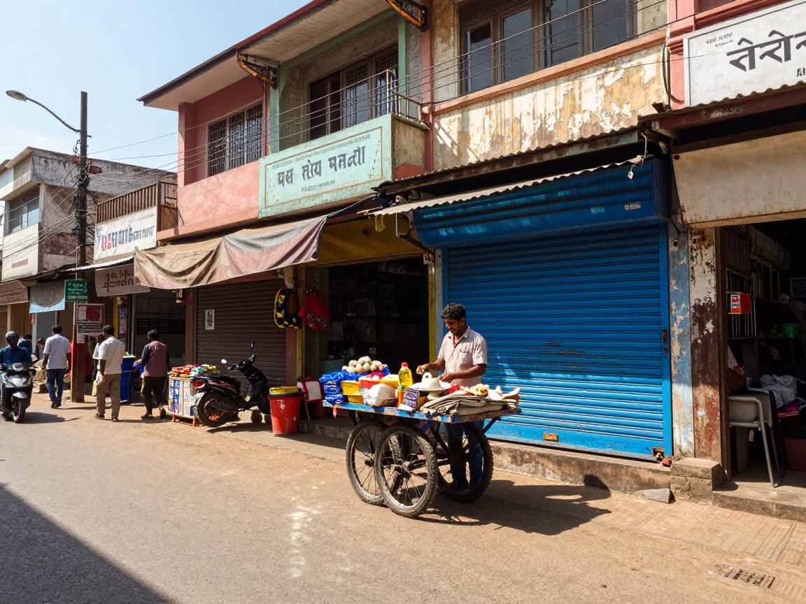 Midday Street Scene in Chennai India with Colorful Shopfronts and Local Life in in Chennai, India