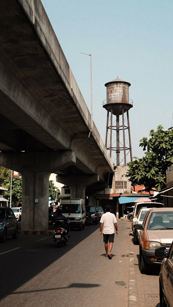 Midday Street Scene in Chennai India with Flyover Shadows and Water Tower in in Chennai, India