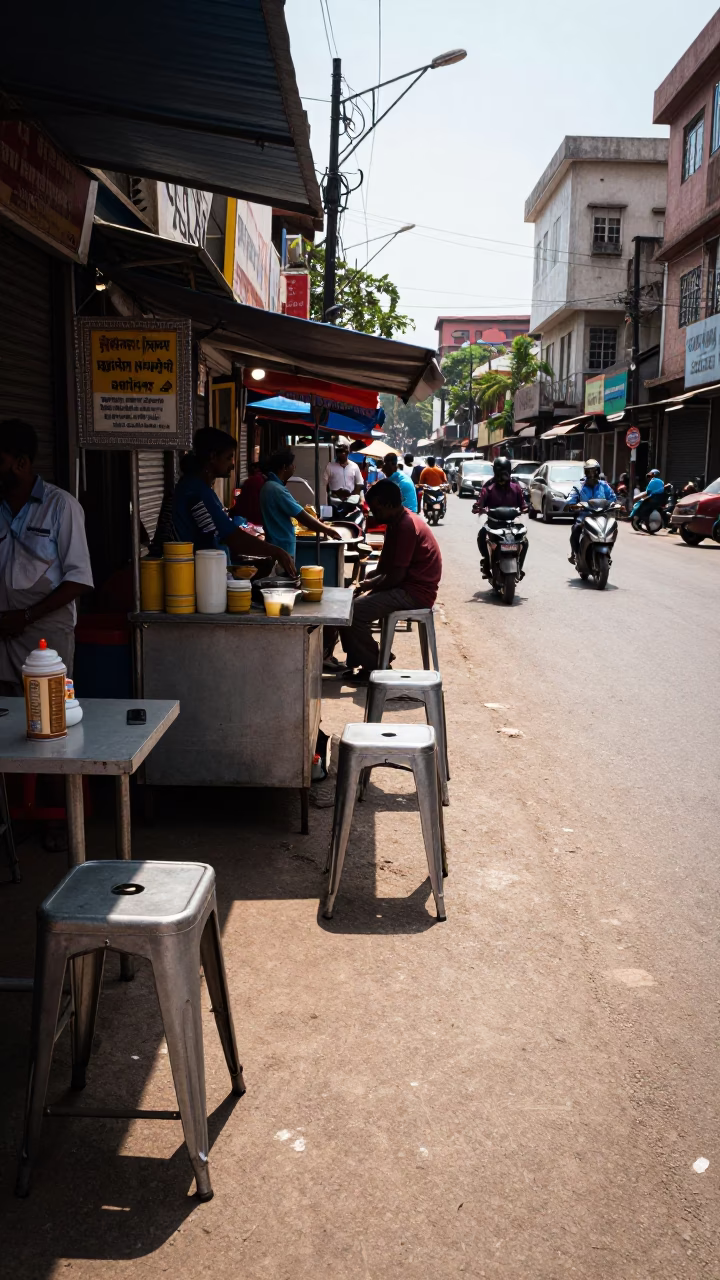 Midday Street Scene in Chennai India with Metal Stools and Urban Life in in Chennai, India
