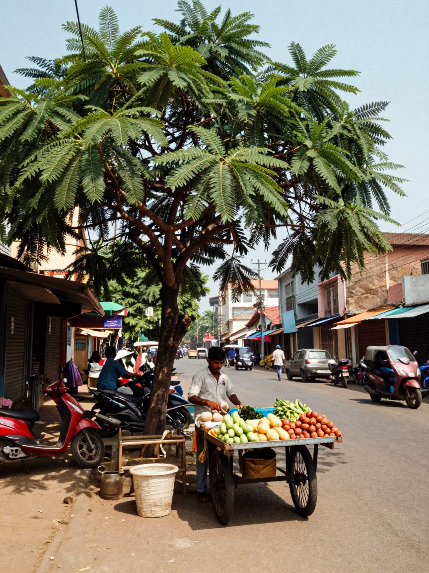 Midday Street Scene in Chennai India with Tamarind Tree and Local Vendor in in Chennai, India
