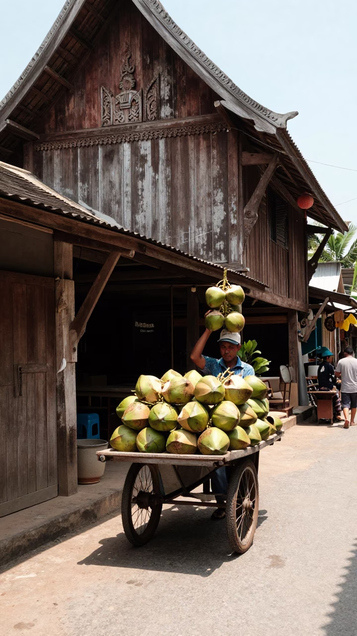 Midday street scene in Chiang Mai Thailand with coconuts and traditional wooden architecture in in Chiang Mai, Thailand