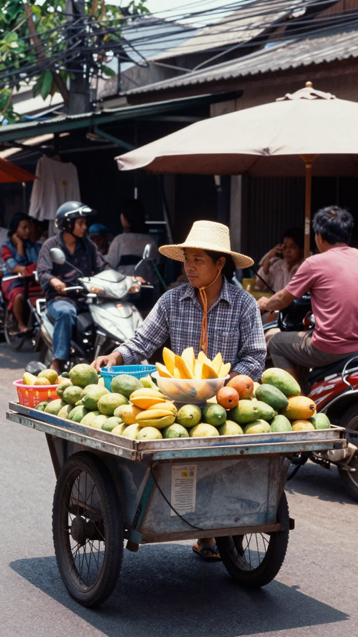 Midday Street Scene in Chiang Mai Thailand with Local Vendor and Patrons in in Chiang Mai, Thailand