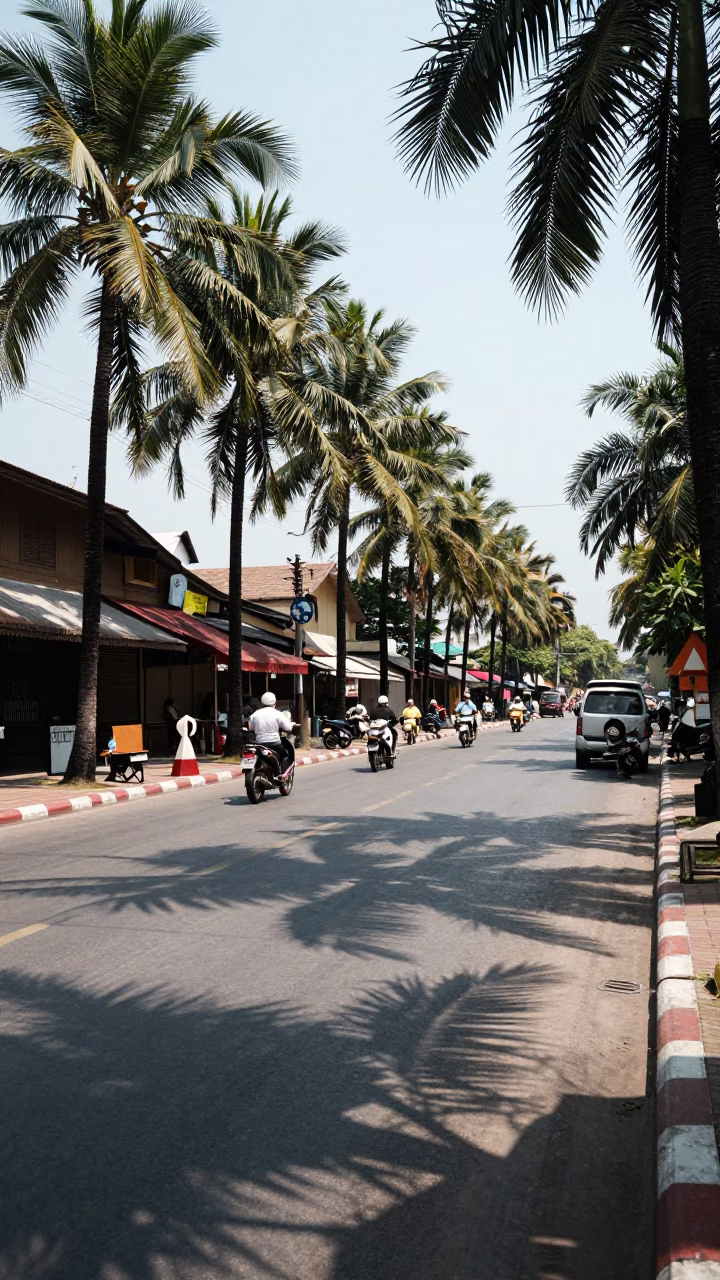 Midday Street Scene in Chiang Mai Thailand with Palm Trees and Local Tea in in Chiang Mai, Thailand