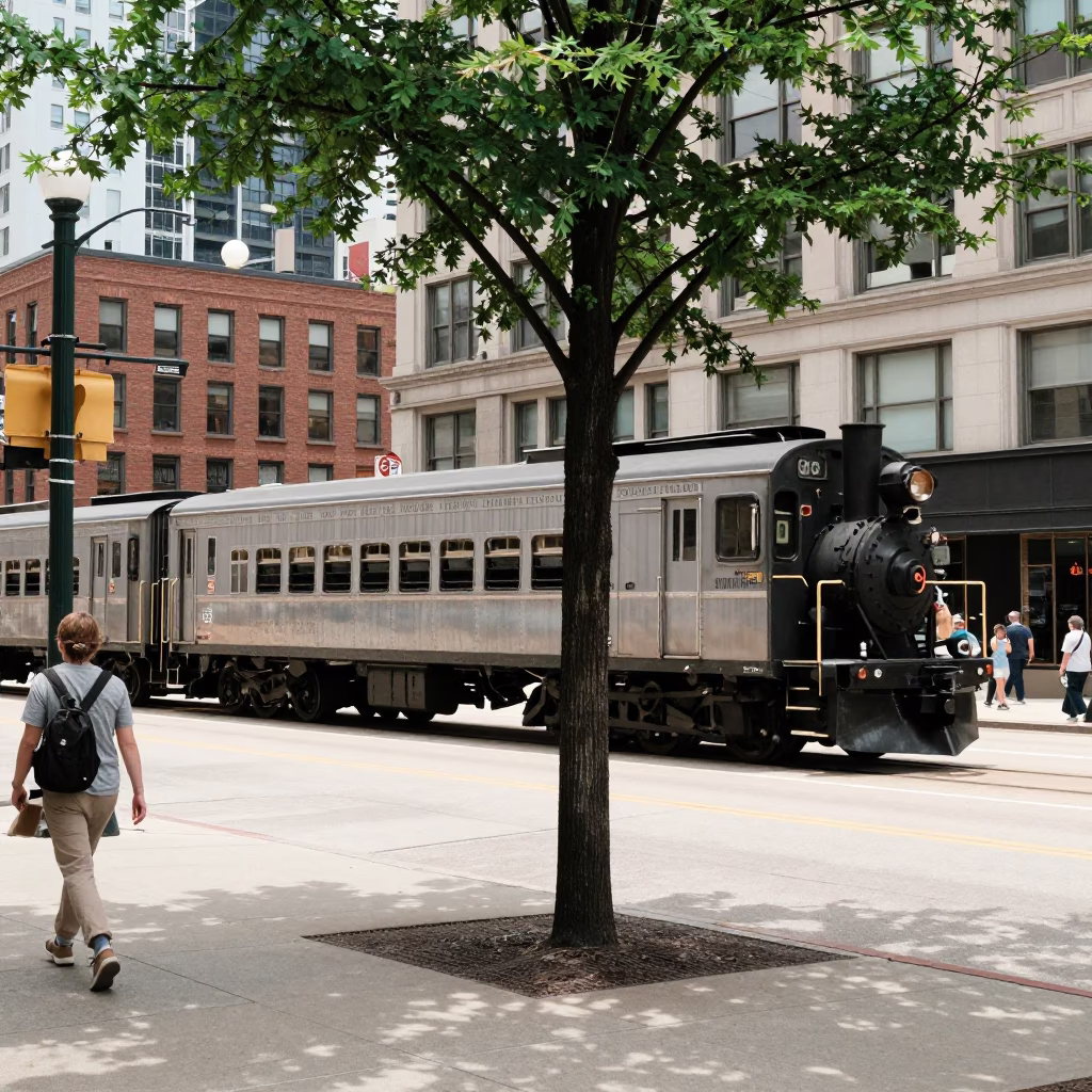 Midday Street Scene in Chicago Illinois with Heritage Train and Tree in in Chicago, Illinois, United States