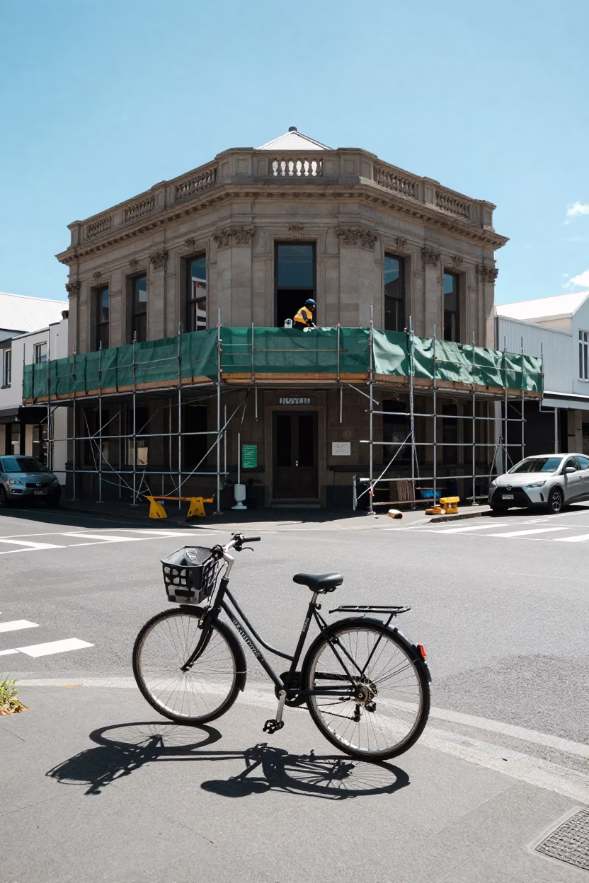 Midday street scene in Christchurch New Zealand with bicycle and construction details in in Christchurch, New Zealand