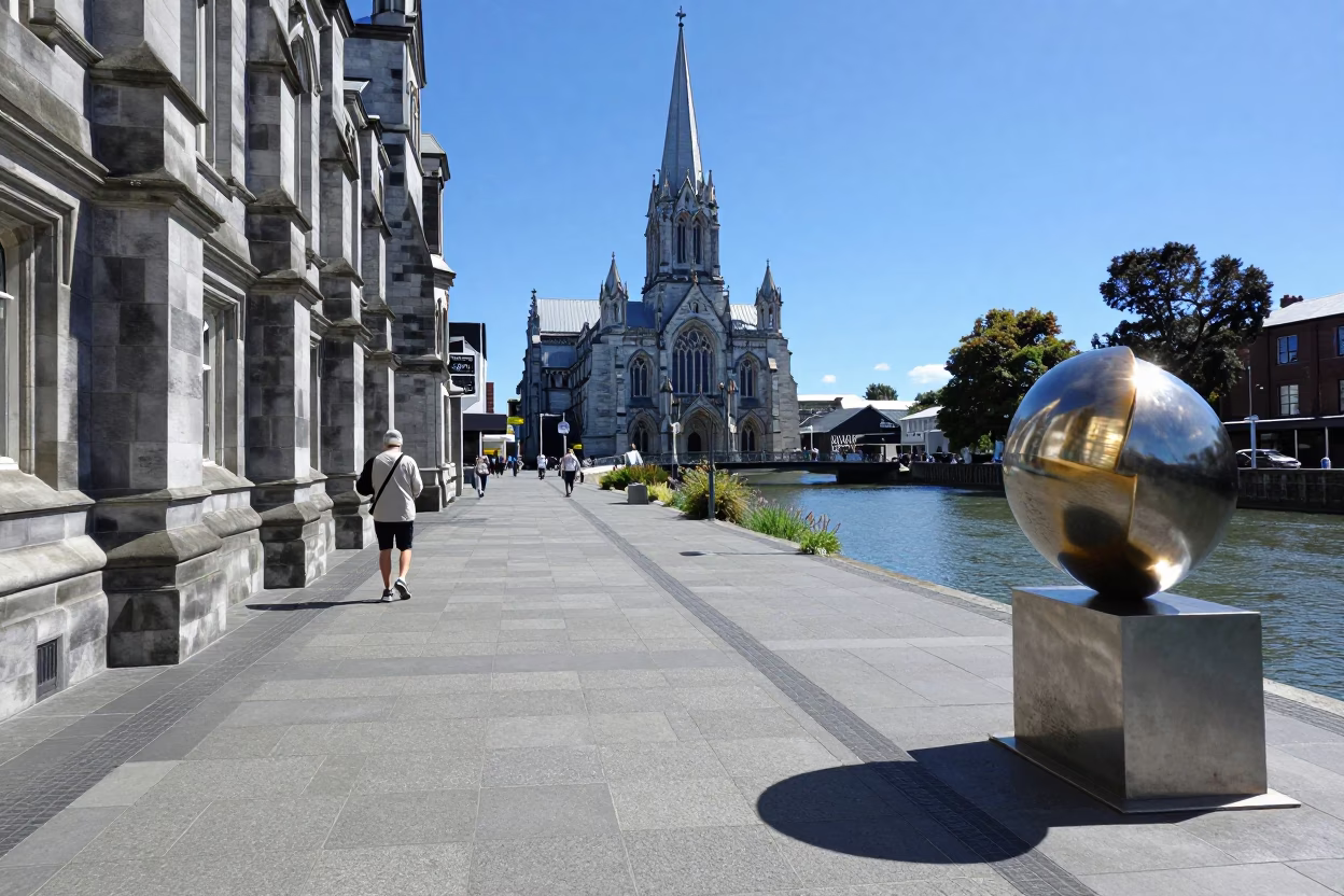 Midday Street Scene in Christchurch New Zealand with Brushed Steel Reflections in in Christchurch, New Zealand