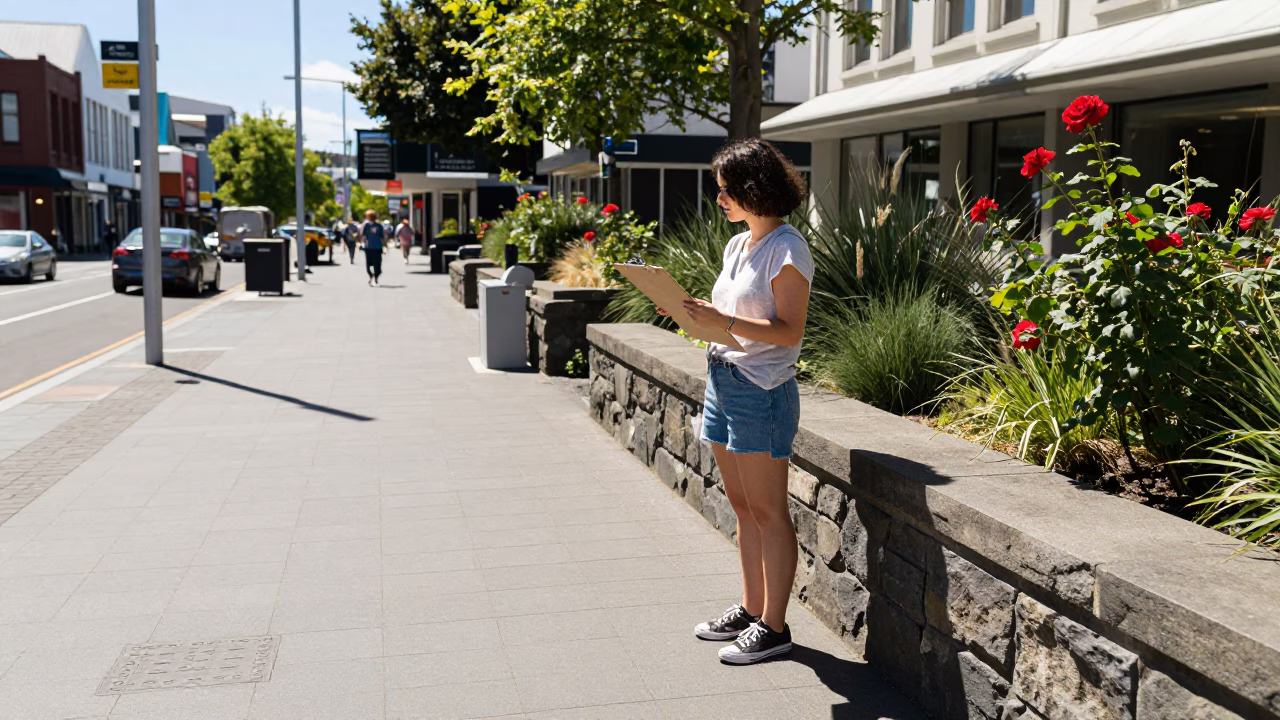 Midday Street Scene in Christchurch New Zealand with Clipboard and Red Rose in in Christchurch, New Zealand