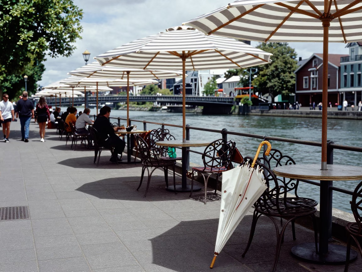 Midday Street Scene in Christchurch New Zealand with Folded Parasol and Urban Details in in Christchurch, New Zealand