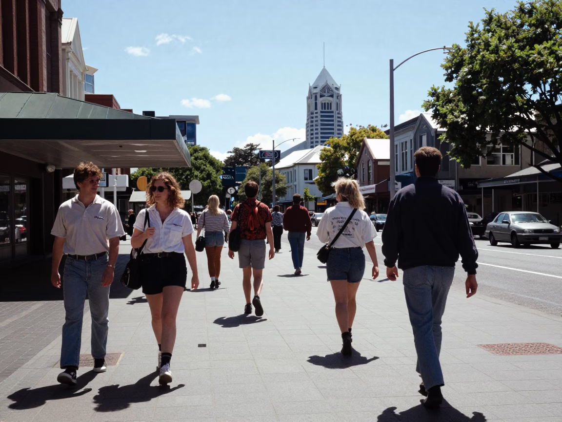 Midday street scene in Christchurch New Zealand with vintage 1990s aesthetic and urban details in in Christchurch, New Zealand