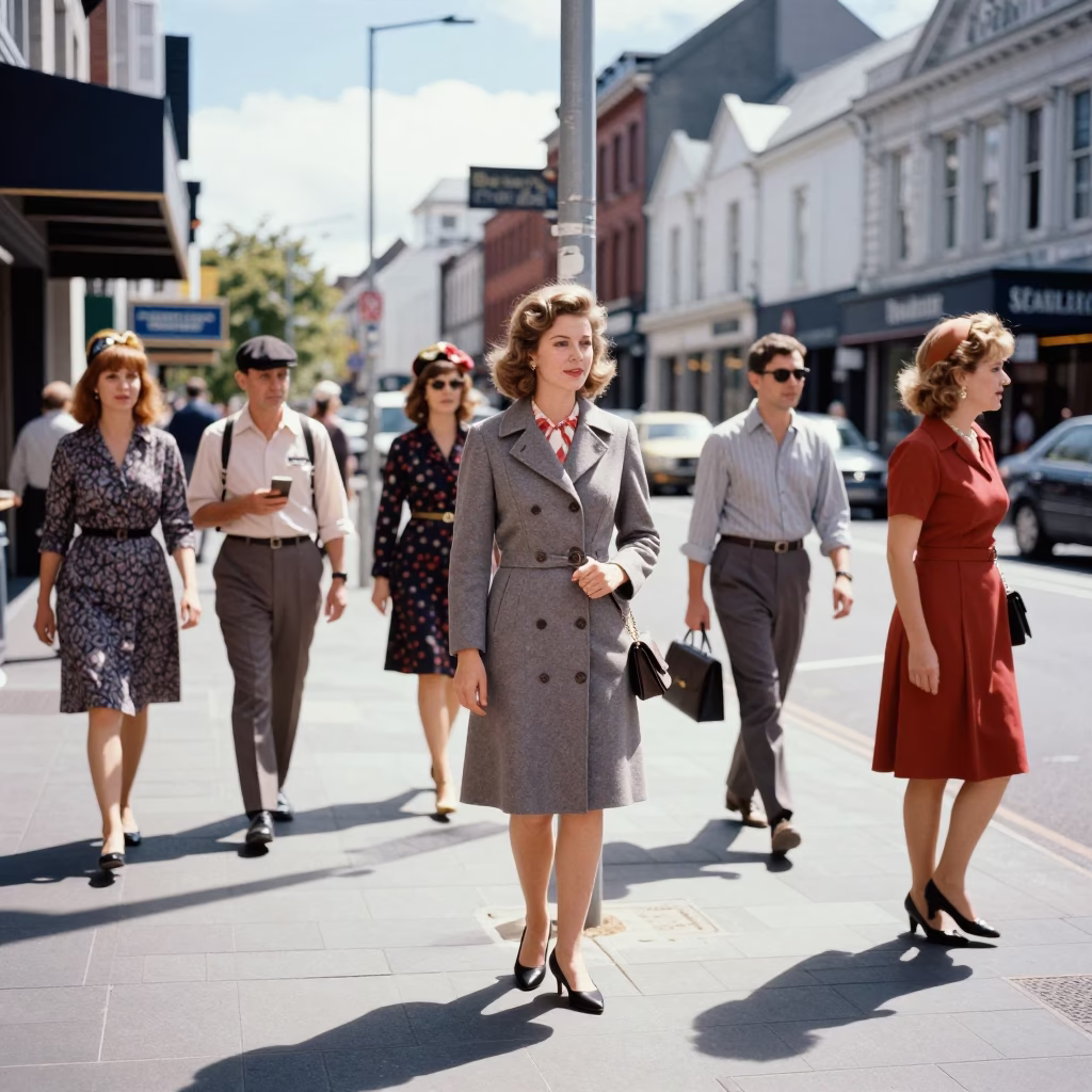 Midday Street Scene in Christchurch New Zealand with Vintage Fashion and Urban Details in in Christchurch, New Zealand