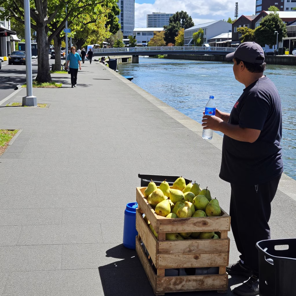 Midday Street Scene in Christchurch New Zealand with Water Bottle and Pears in in Christchurch, New Zealand