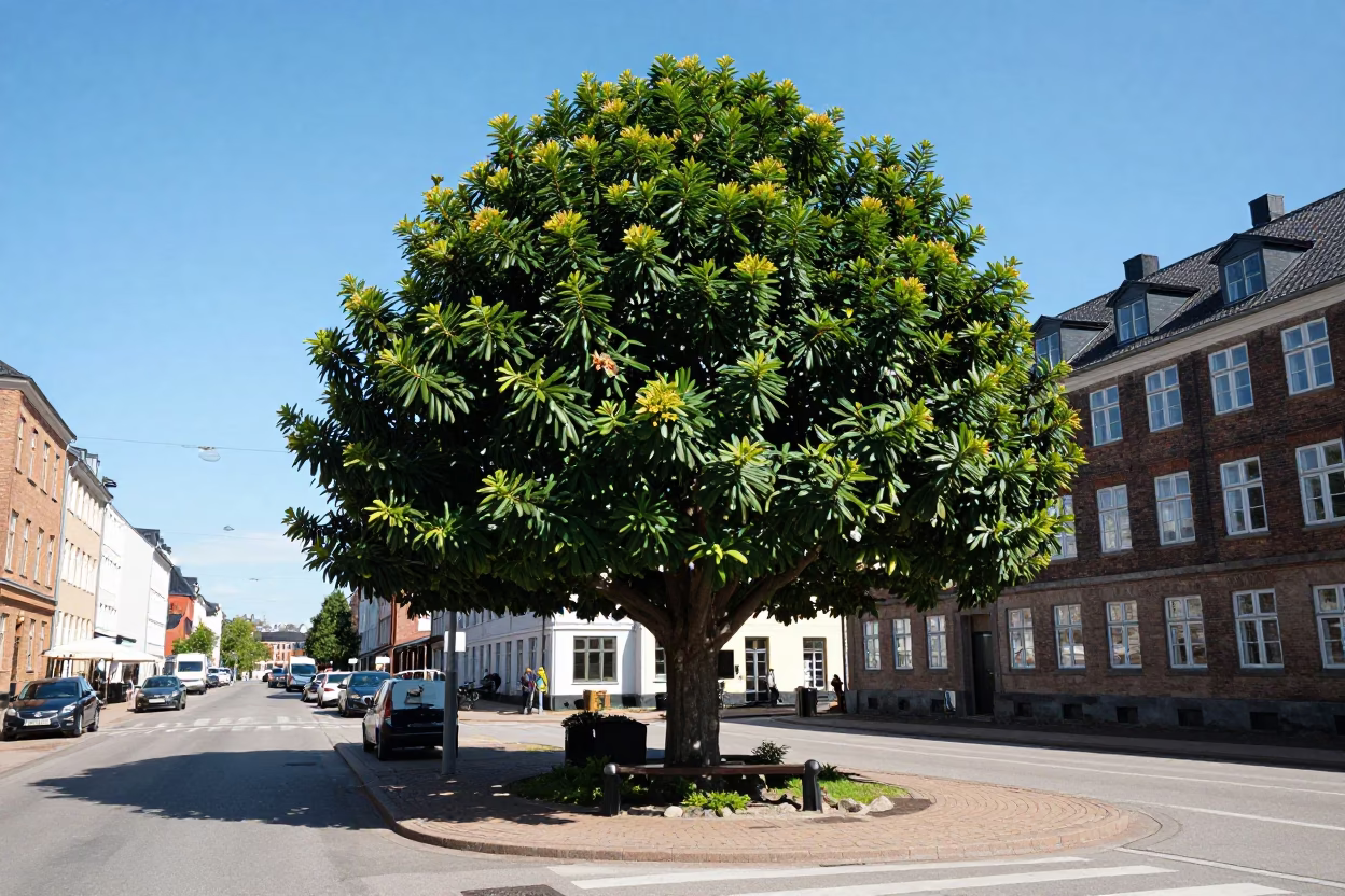 Midday Street Scene in Copenhagen Denmark with Euphorbia Candelabra Tree and Urban Architecture in in Copenhagen, Denmark