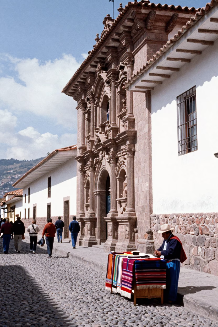 Midday Street Scene in Cusco Peru Colonial Stone Architecture and Local Market Activity in in Cusco, Peru