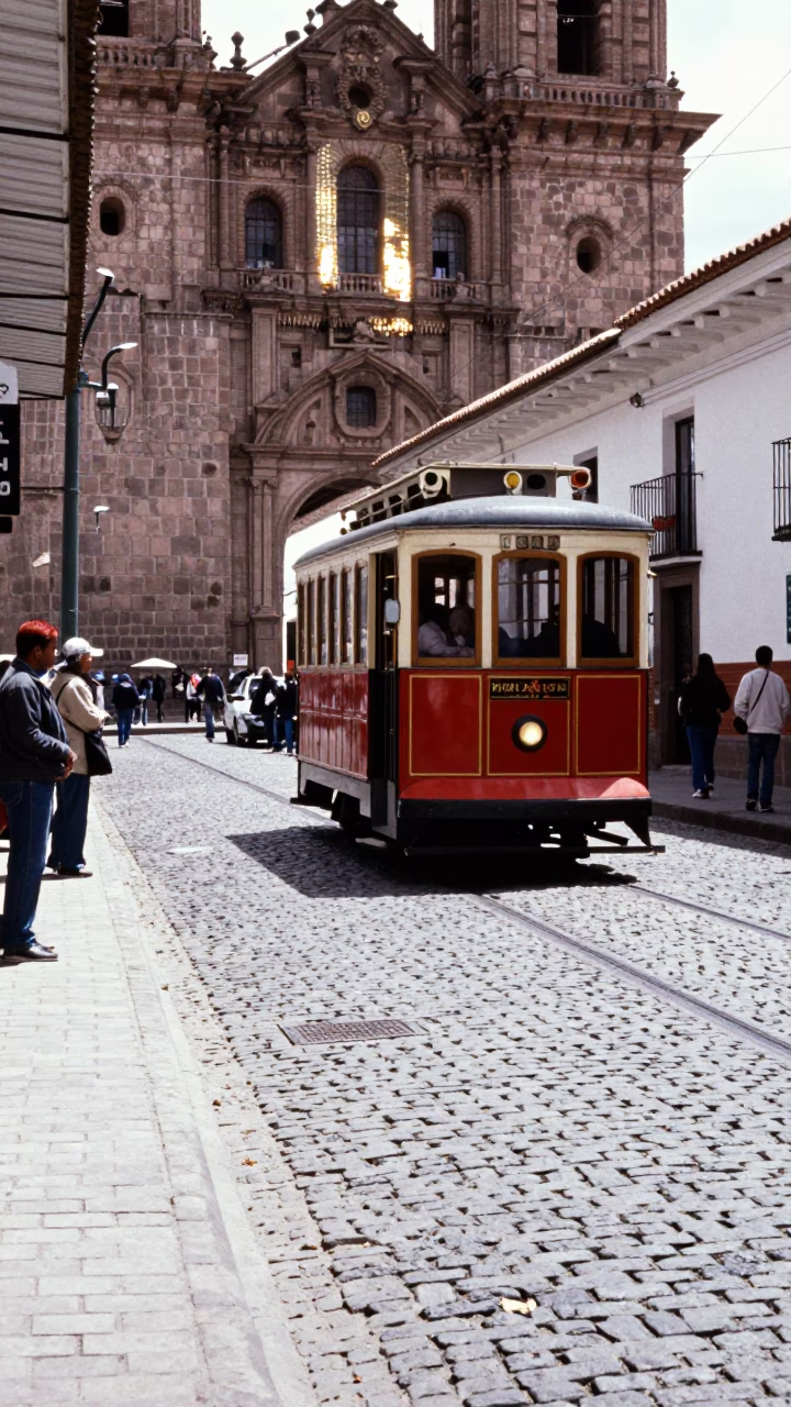 Midday Street Scene in Cusco Peru with Cobblestones and Heritage Tram in in Cusco, Peru