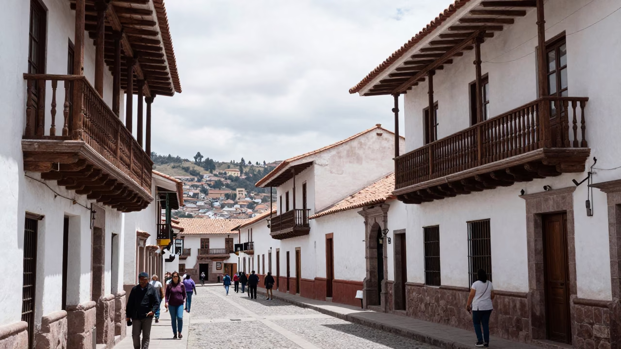 Midday street scene in Cusco Peru with colonial architecture and local vendors in in Cusco, Peru