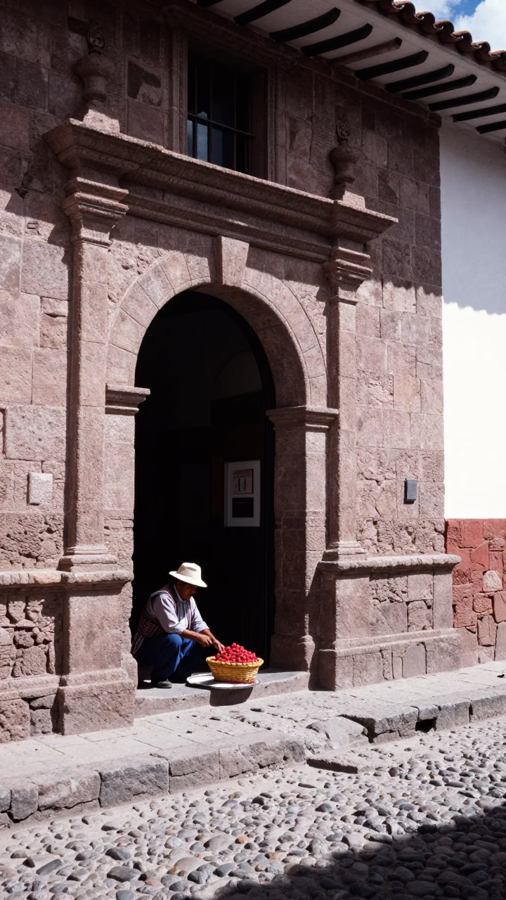 Midday Street Scene in Cusco Peru With Stone Architecture And Local Activity in in Cusco, Peru