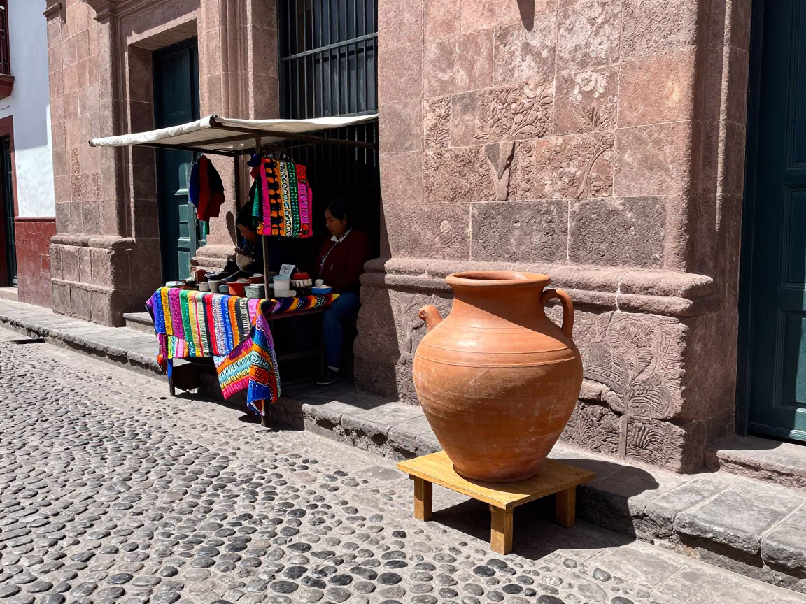Midday Street Scene in Cusco Peru with Terracotta Pot and Colorful Andean Architecture in in Cusco, Peru