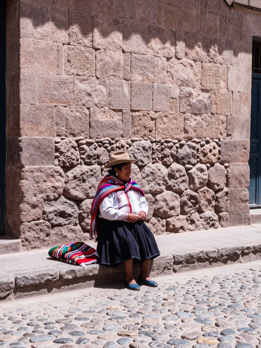 Midday Street Scene in Cusco Peru with Traditional Textiles and Cobblestone Plaza in in Cusco, Peru