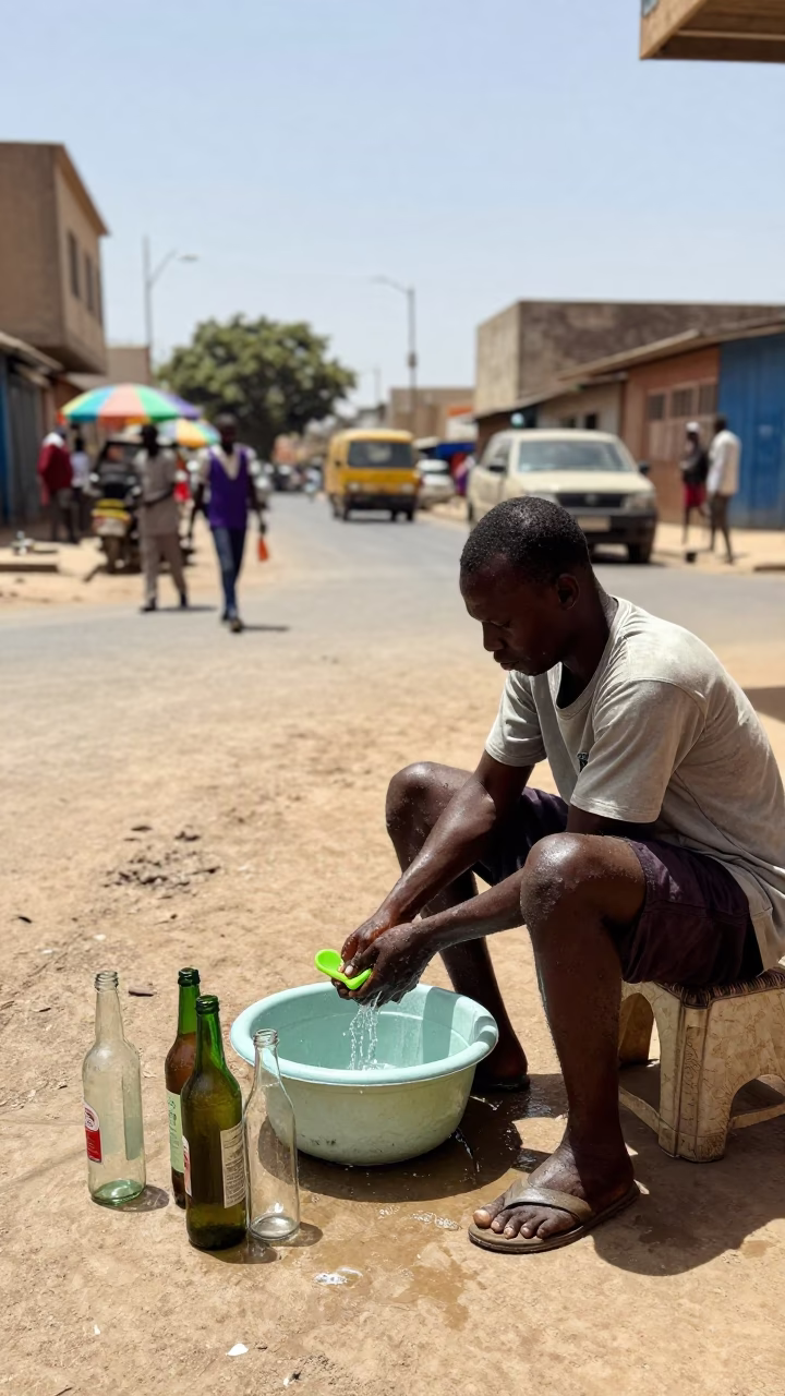 Midday Street Scene in Dakar Senegal with Glass Bottles and Wash Basin in in Dakar, Senegal