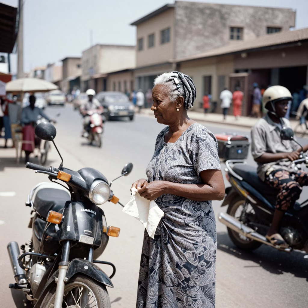 Midday Street Scene in Dakar Senegal with Grandmother and Handkerchief in in Dakar, Senegal