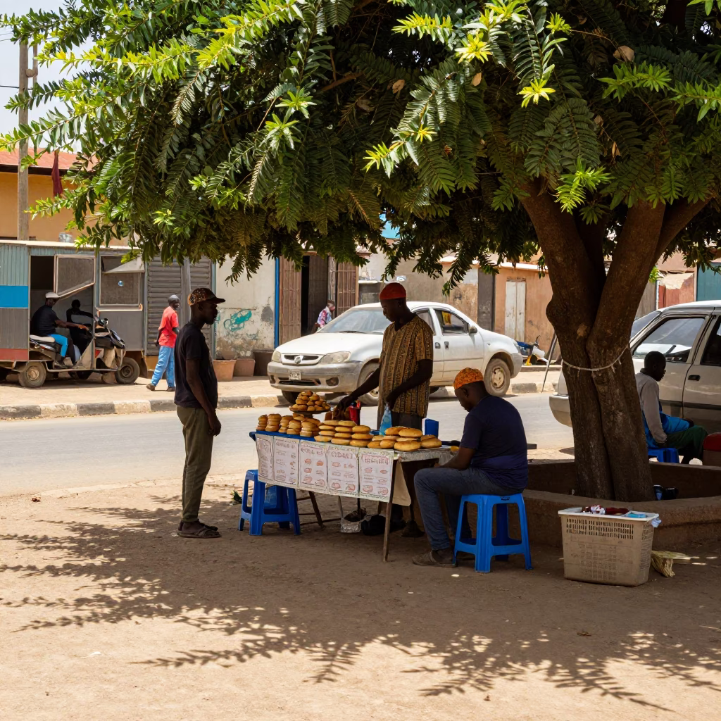Midday street scene in Dakar Senegal with pastries and tree shade in in Dakar, Senegal