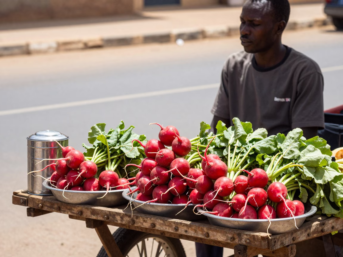 Midday Street Scene in Dakar Senegal with Tea Tin and Radishes in in Dakar, Senegal