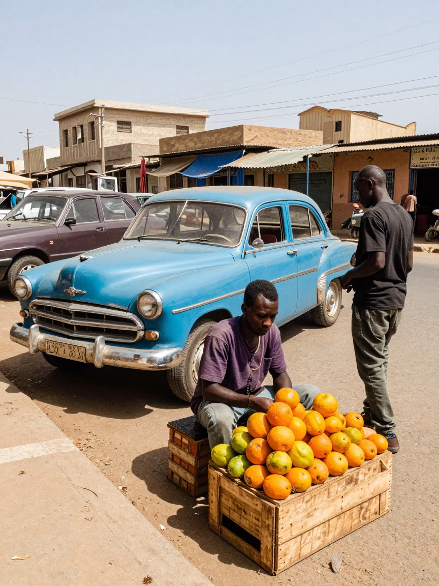 Midday Street Scene in Dakar Senegal with Vintage Car and Local Market Activity in in Dakar, Senegal