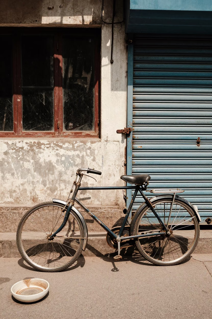 Midday Street Scene in Delhi India with Bicycle and Ceramic Bowl in in Delhi, India