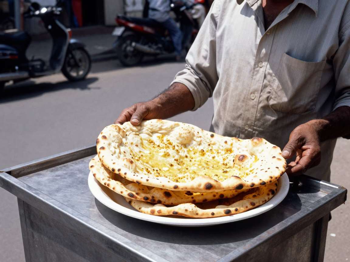Midday Street Scene in Delhi India with Plate of Naan and Garlic Butter in in Delhi, India