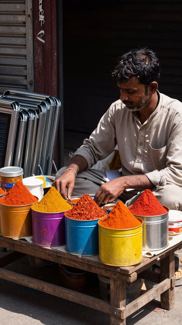 Midday Street Scene in Delhi India with Spice Tins and Folding Chair in in Delhi, India