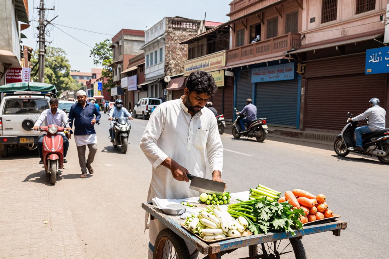 Midday Street Scene in Delhi India with Vendor and Traditional Architecture in in Delhi, India