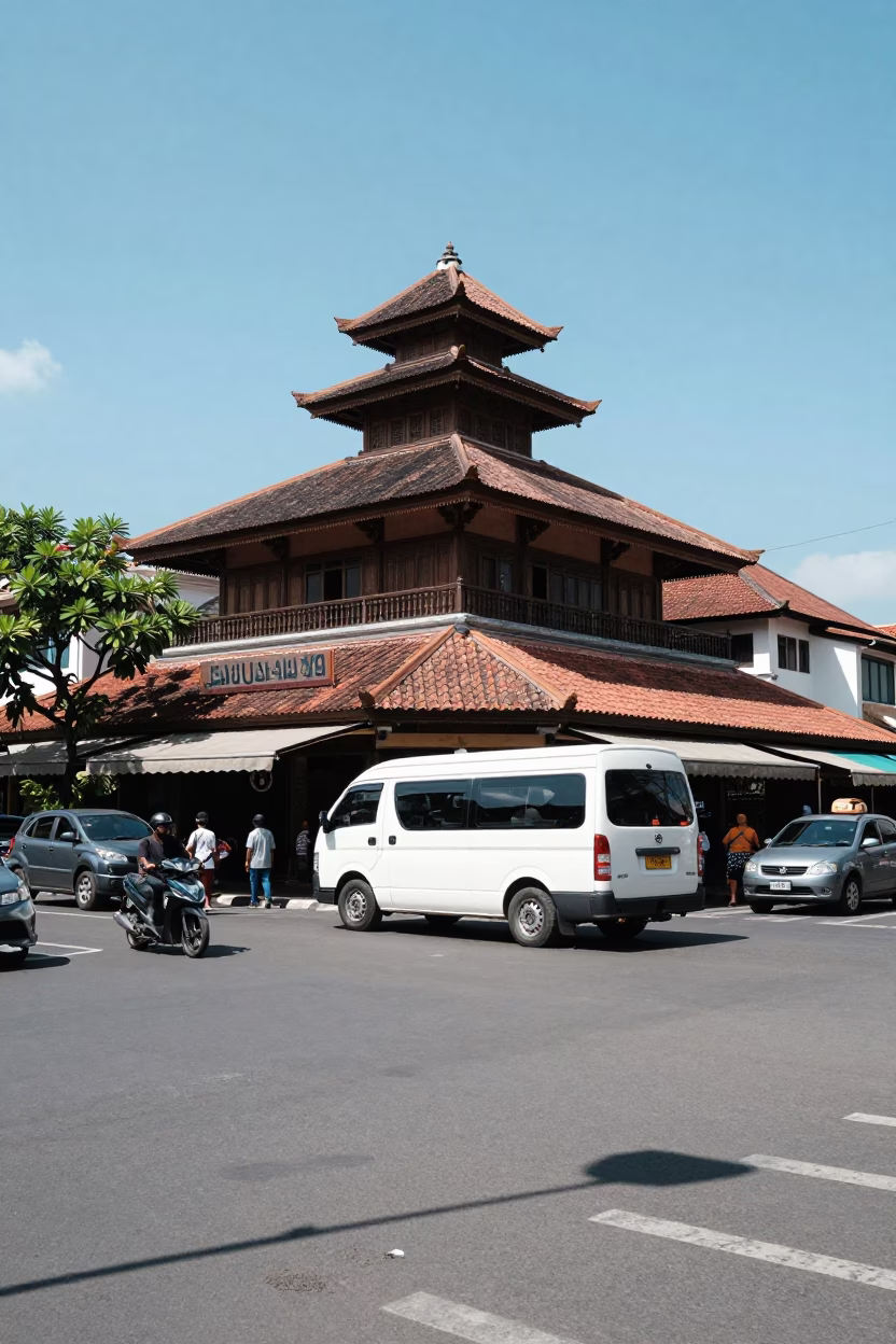 Midday Street Scene in Denpasar Bali Indonesia with Traditional Architecture and Local Life in in Denpasar, Indonesia