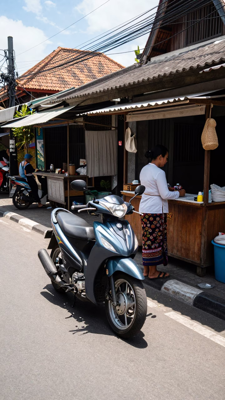 Midday Street Scene in Denpasar Bali with Motorbike and Traditional Architecture in in Denpasar, Indonesia
