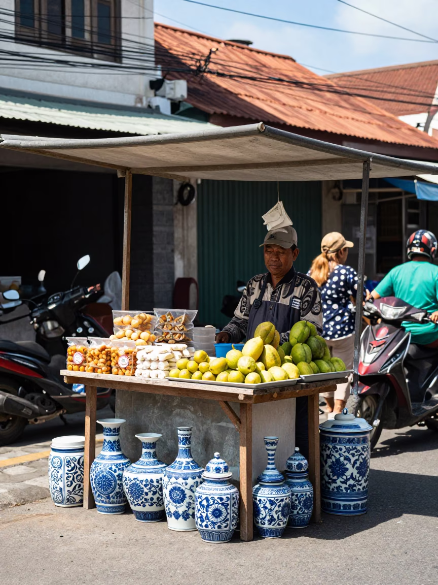 Midday Street Scene in Denpasar Indonesia with Blue and White Porcelain Plate in in Denpasar, Indonesia