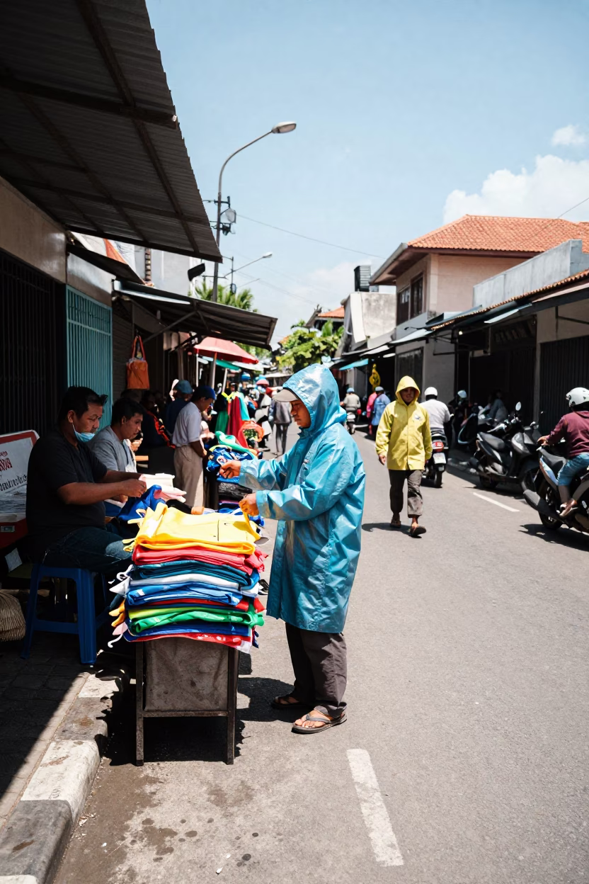 Midday Street Scene in Denpasar Indonesia with Local Vendor and Raincoats in in Denpasar, Indonesia
