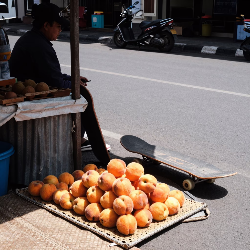 Midday Street Scene in Denpasar Indonesia with Nectarines and Skateboard in in Denpasar, Indonesia