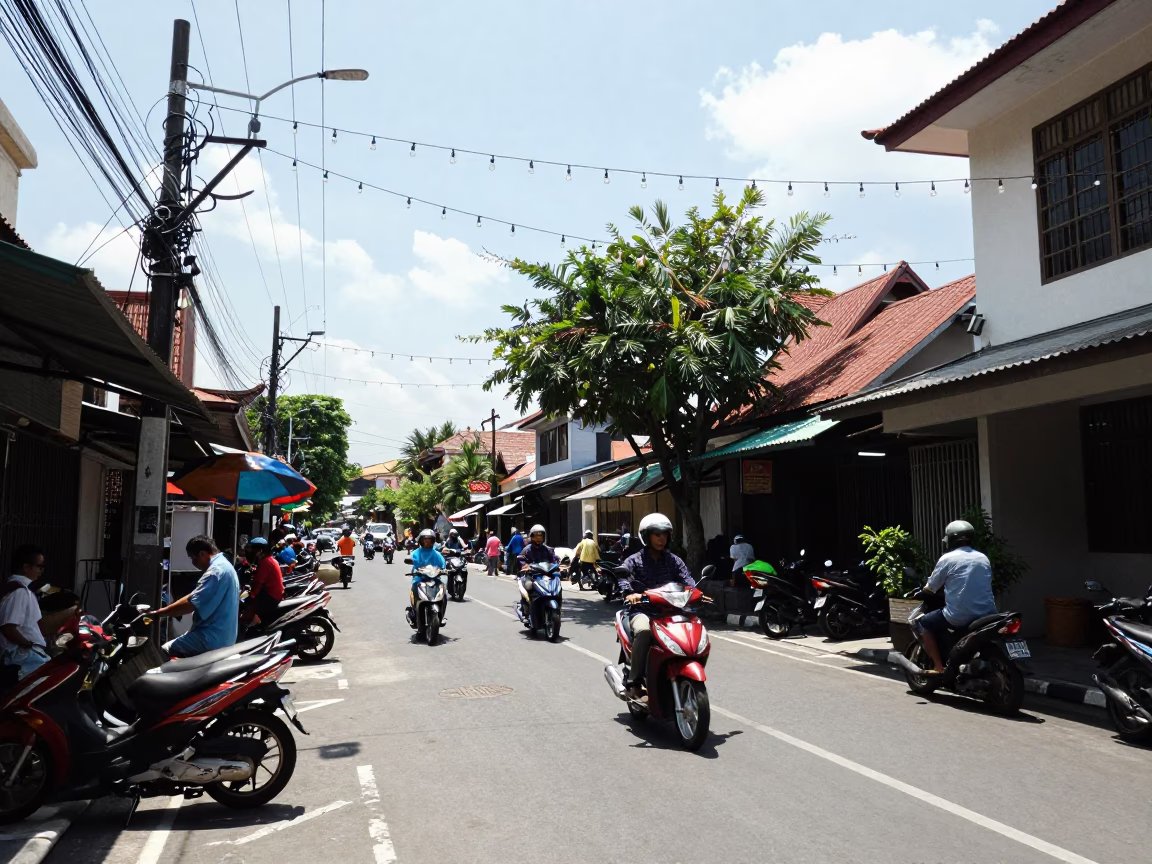 Midday Street Scene in Denpasar Indonesia with String Lights and Local Market Activity in in Denpasar, Indonesia
