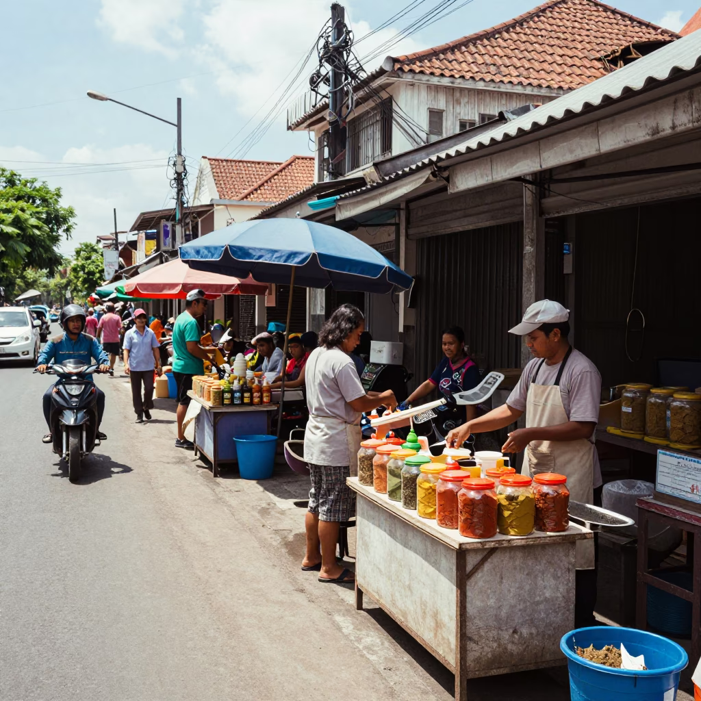Midday Street Scene in Denpasar Indonesia with Sunlight and Local Activity in in Denpasar, Indonesia