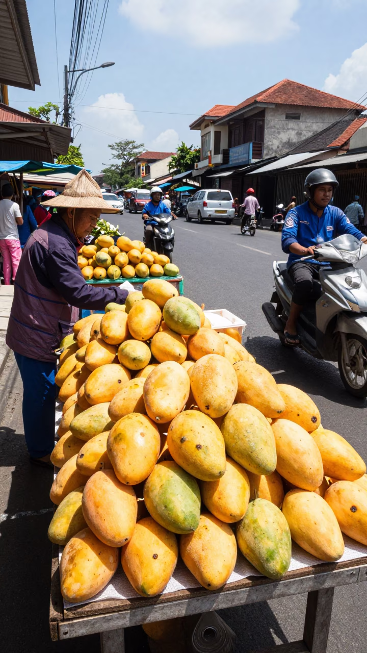 Midday street scene in Denpasar Indonesia with vendor selling fresh mangoes in in Denpasar, Indonesia