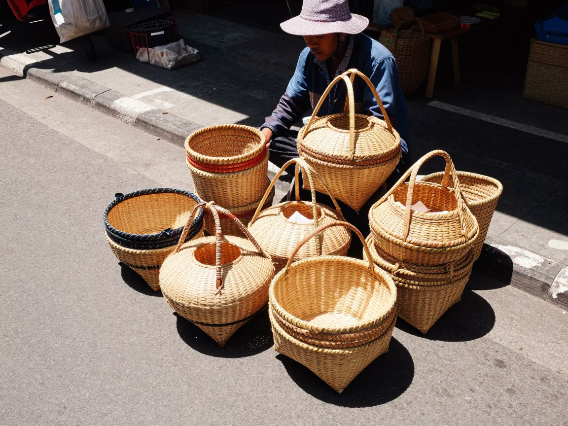 Midday Street Scene in Denpasar Indonesia With Woven Baskets and Local Commerce in in Denpasar, Indonesia
