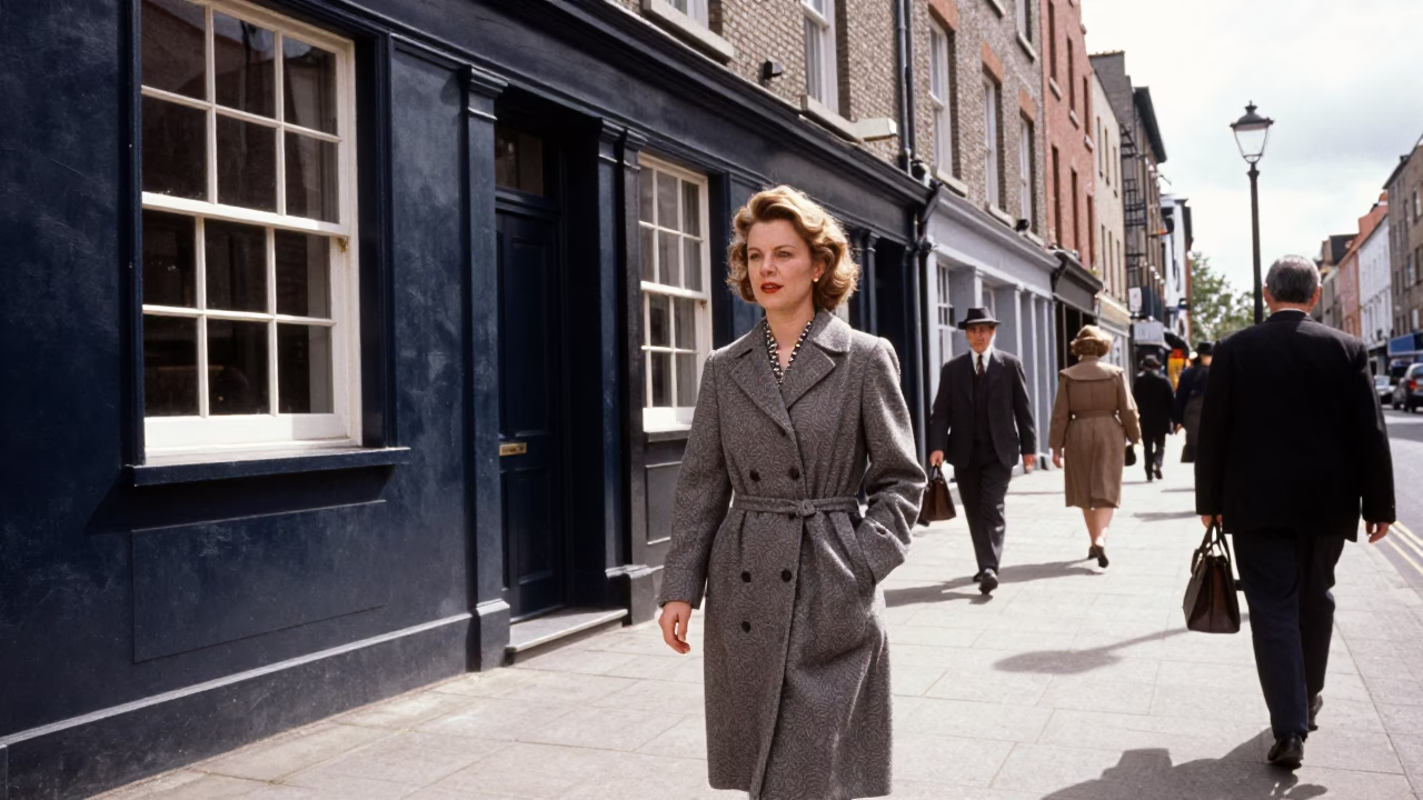 Midday Street Scene in Dublin Ireland with Vintage 1950s Fashion and Local Architecture in in Dublin, Ireland