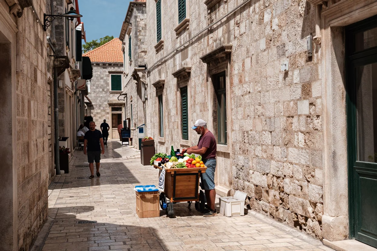 Midday Street Scene in Dubrovnik Croatia with Local Vendor and Glass Sugar Jar in in Dubrovnik, Croatia