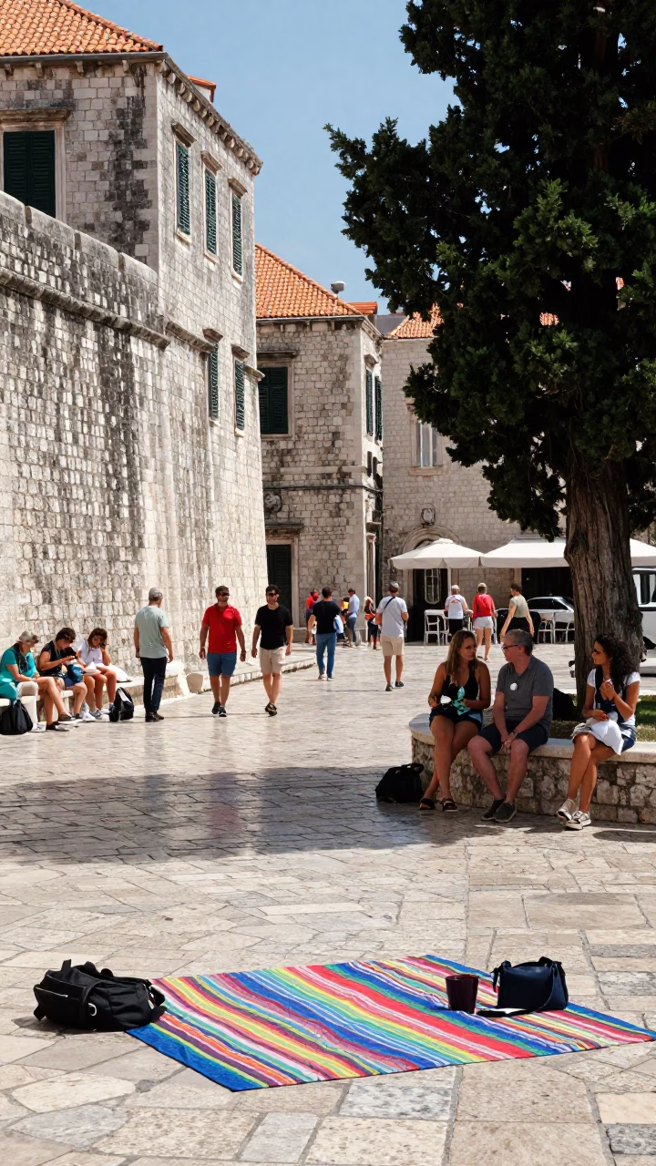 Midday Street Scene in Dubrovnik Croatia with Picnic Blanket and Cypress Trees in in Dubrovnik, Croatia